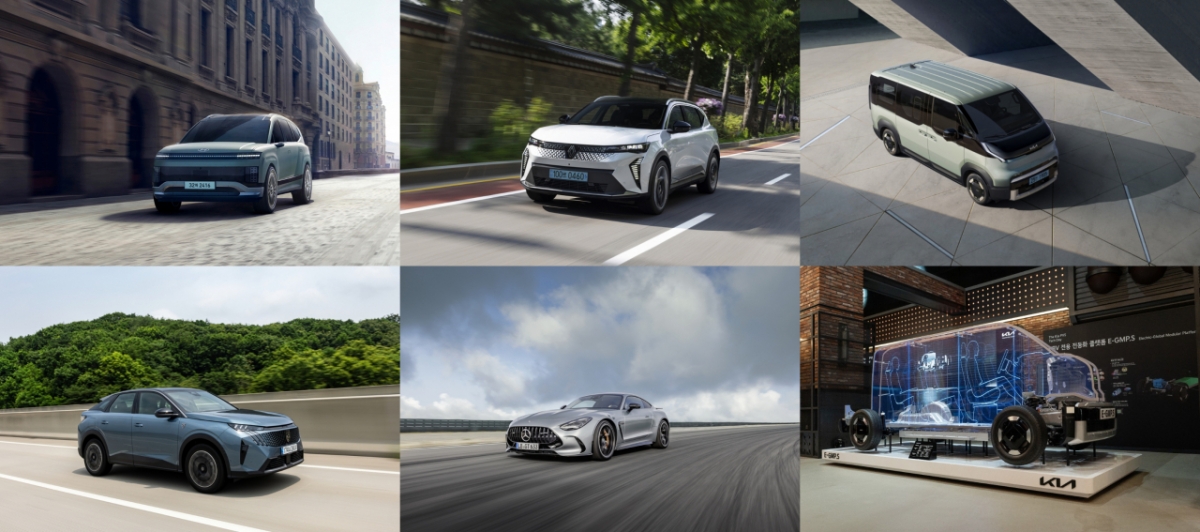 (왼쪽 위부터)올해의 차·올해의 SUV·올해의 EV 현대자동차 아이오닉 9, 올해의 수입차 르노 세닉 E-Tech 100% 일렉트릭, 올해의 유틸리티 기아 PV5. (왼쪽 아래부터)올해의 디자인 푸조 올 뉴 3008 스마트 하이브리드, 올해의 퍼포먼스 메르세데스-AMG GT, 올해의 이노베이션 기아 PV5 첨단 솔루션. /사진제공=한국자동차기자협회