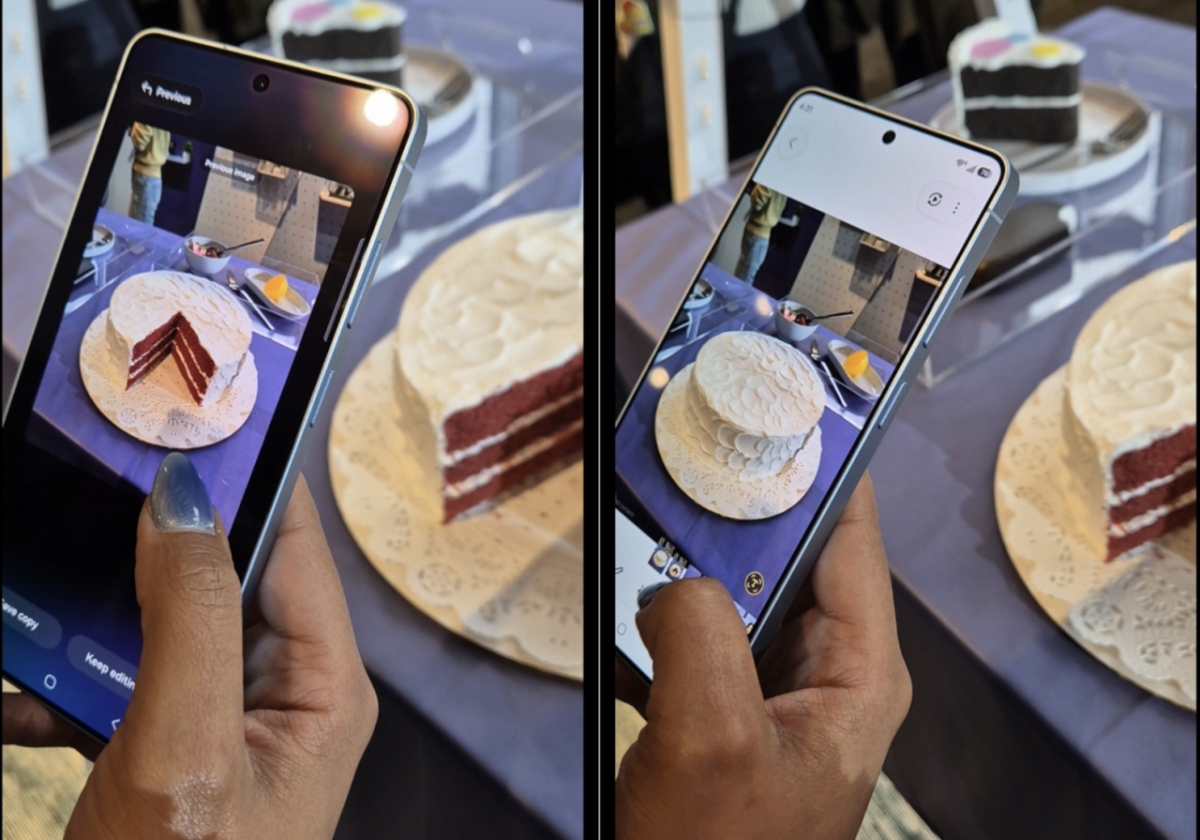 AI가 접목된 포토 어시스트 기능이 단순 명령만으로 조각난 케이크를 홀케이크로 복원했다./사진=김소연 기자