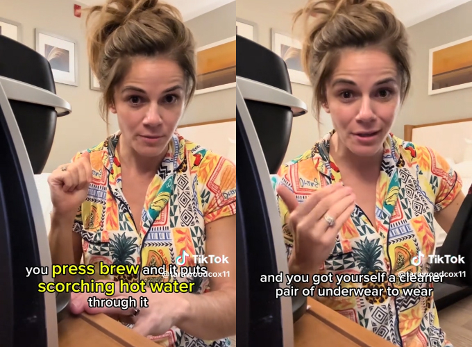 호텔 커피머신으로 더러운 속옷을 세탁하는 팁을 공유한 피트니스 코치 겸 인플루언서 타라 우드콕스가 거센 비판을 받고 있다. /사진=타라 우드콕스 틱톡 영상 캡처