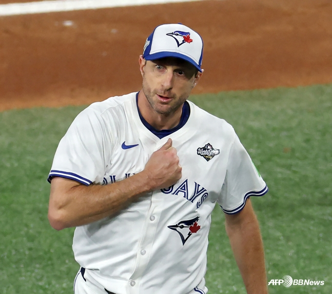 2025년 열린 월드시리즈에서 포효하는 맥스 슈어저. /AFPBBNews=뉴스1