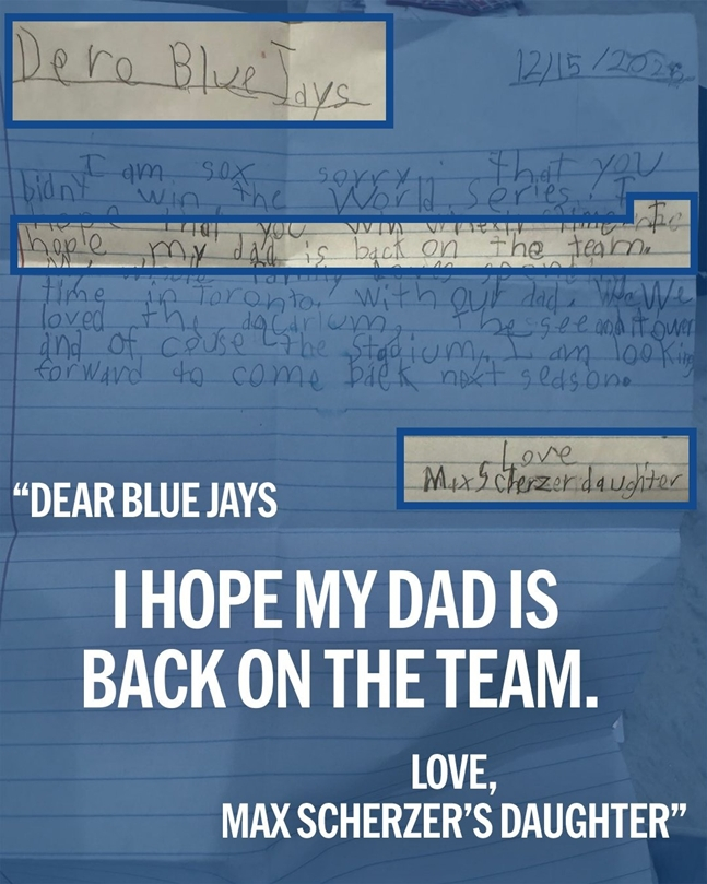 슈어저 딸이 토론토 구단에 보낸 편지. /사진=메이저리그 공식 SNS