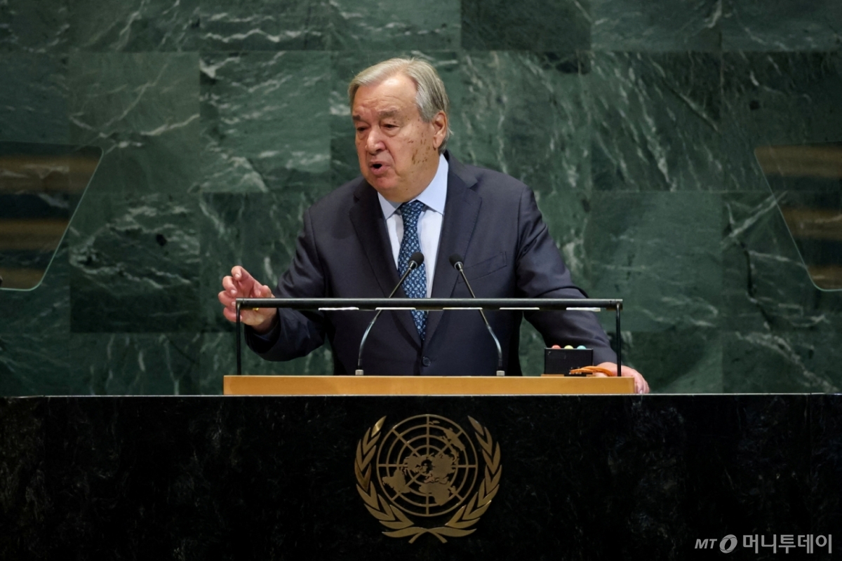 안토니우 구테흐스 유엔 사무총장이 2025년 9월23일 유엔 본부에서 열린 제80차 유엔 총회에서 연설하고 있다. /뉴욕 로이터=뉴스1
