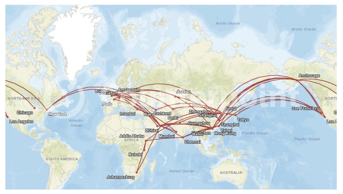 기기 운송에 사용되는 주요 항공 화물 노선./사진제공=FlightRadar24
