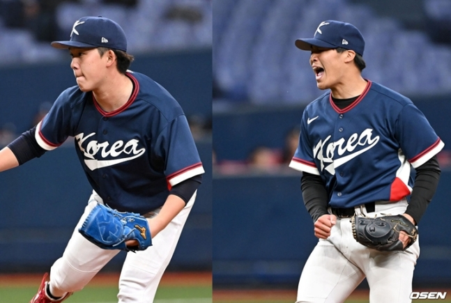 일본 독립리그에서 뛰는 고바야시 다츠토(왼쪽)와 이시이 고키가 3일 오릭스와 평가전에서 한국 유니폼을 입고 투구를 펼치고 있다.