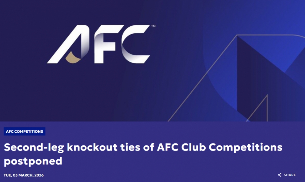 2025~2026 AFC 챔피언스리그 엘리트 16강 2차전 등 서아시아 지역에서 예정된 경기들을 무기한 연기한 AFC. /사진=AFC 홈페이지 캡처