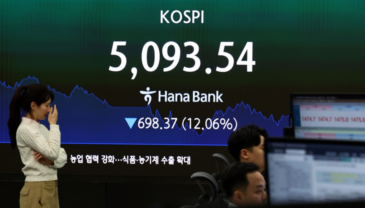 코스피가 전 거래일(5791.91)보다 698.37포인트(12.06%) 하락한 5093.54에 마감한 지난 4일 서울 중구 하나은행 딜링룸에 코스피 종가가 보이고 있다. 코스닥 지수는 전 거래일(1137.70)보다 159.26포인트(14.00%) 내린 978.44에 마쳤다./사진=뉴시스