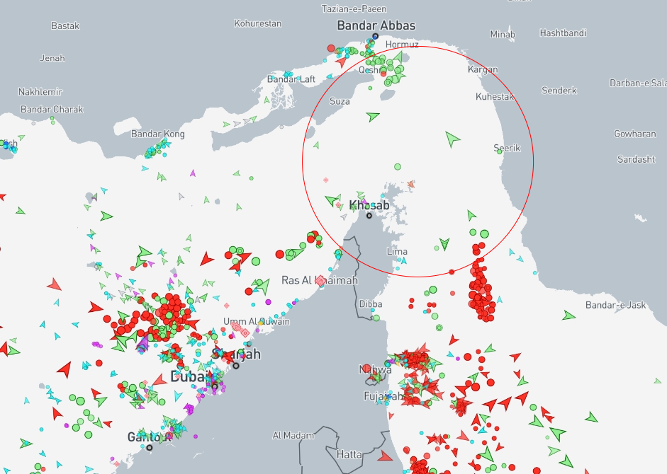 호르무즈해협 주변으로 선박들이 몰려든 모습. 붉은 원 구역이 거의 비어있다./사진=선박 위치추적 정보(https://www.marinetraffic.com/)