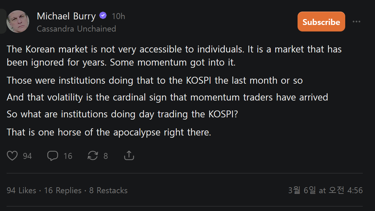 미국의 유명 투자가 마이클 버리가 최근 한국 주식 시장의 변동성에 대한 우려를 나타냈다./자료=마이클 버리 SNS 서브스택 화면캡처.