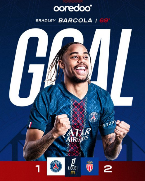 득점에 성공한 브래들리 바르콜라. /사진=PSG 공식 SNS 갈무리