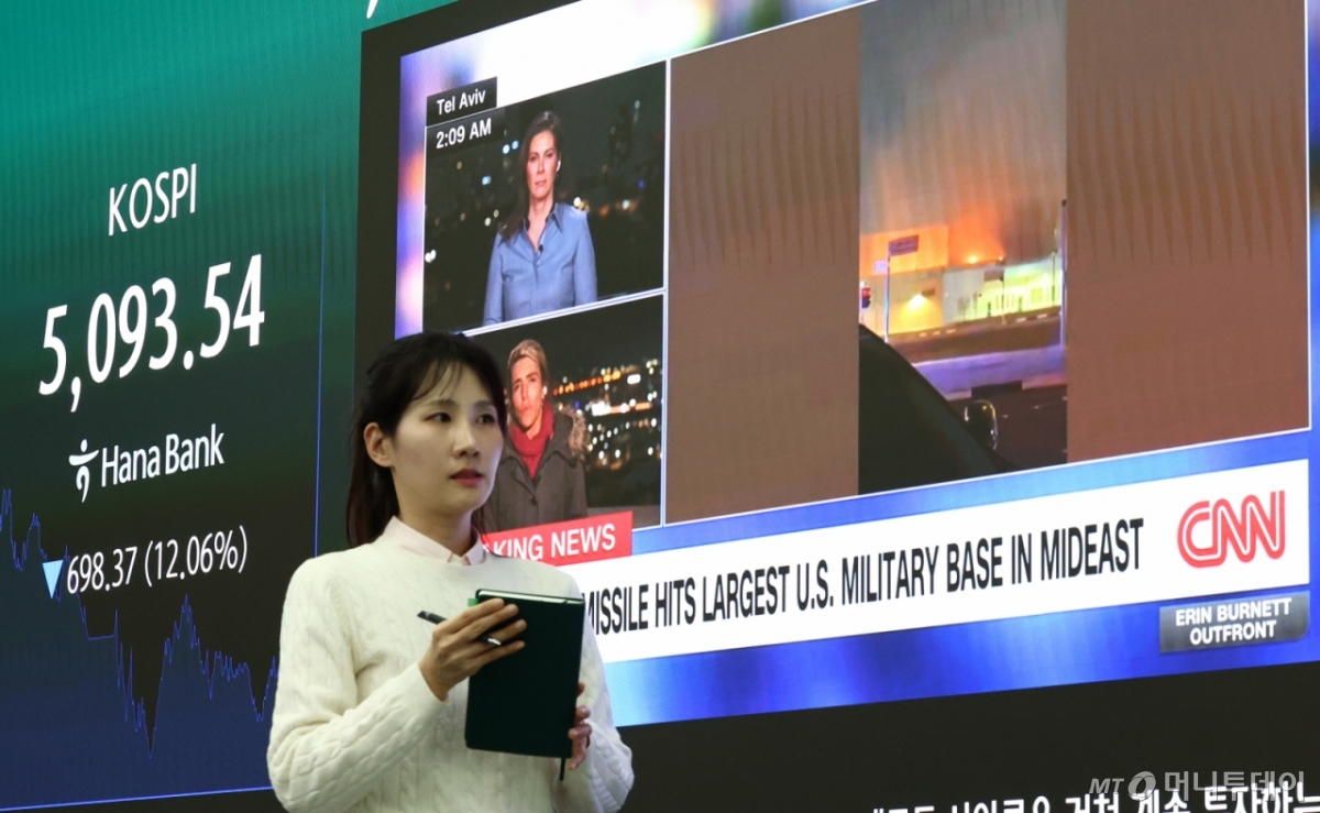 (서울=뉴스1) 최지환 기자 = 이란전쟁 여파로 코스피 지수가 급락 마감한 4일 서울 중구 하나은행 본점 딜링룸 전광판에 코스피 지수 종가가 표시되어 있다. 이날 코스피지수는 전일대비 698.37p(12.06%) 떨어진 5093.54에 장을 마감했다. 2026.3.4/뉴스1  Copyright © 뉴스1. All rights reserved. 무단 전재 및 재배포,  AI학습 이용 금지. /사진=(서울=뉴스1) 최지환 기자