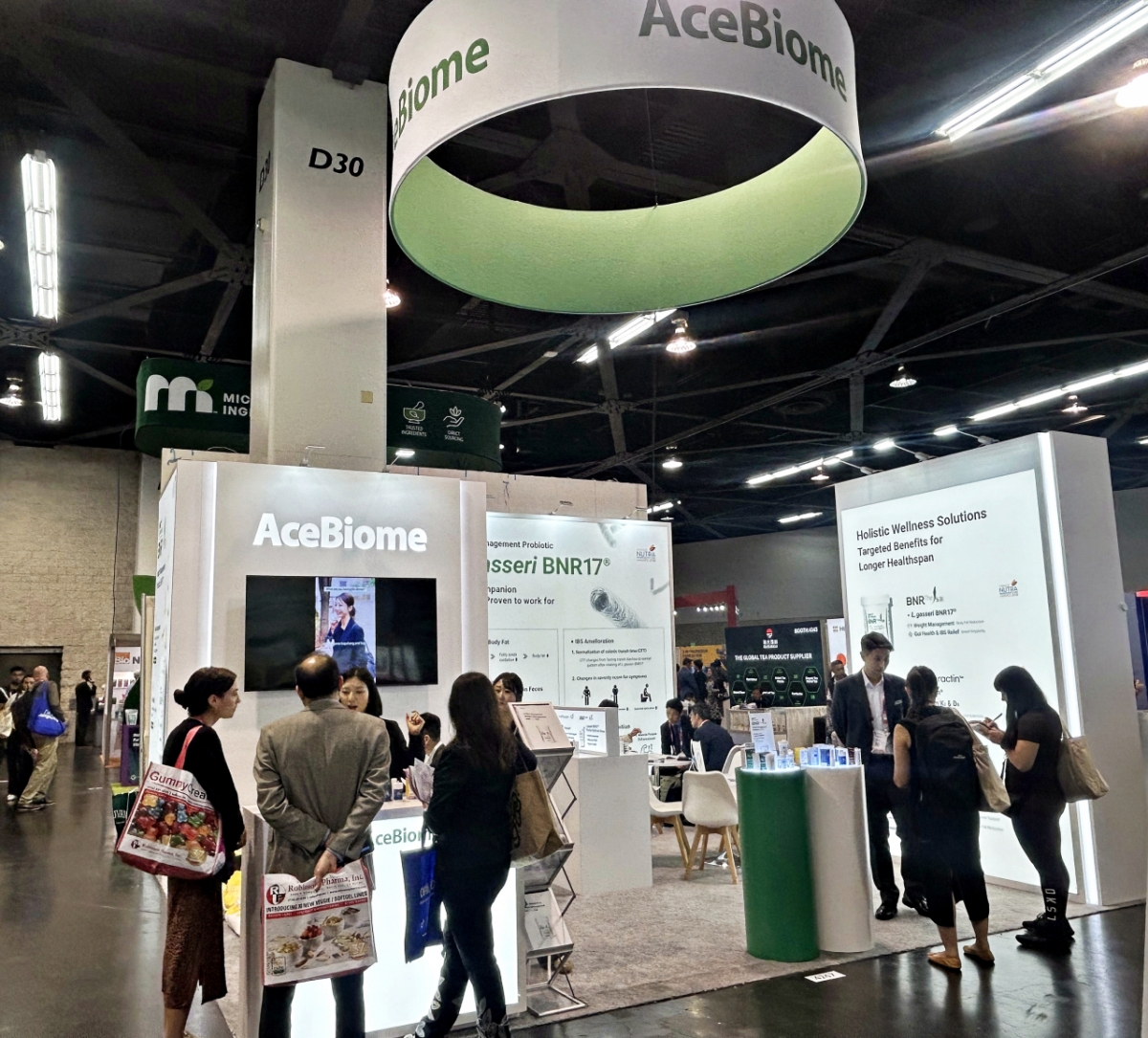 지난 4일(현지시간)부터 6일까지 미국 애너하임에서 열린 북미 최대 '자연건강식품박람회 2026'(NPEW)에 마련된 에이스바이옴 단독 부스 전경./사진제공=바이오니아