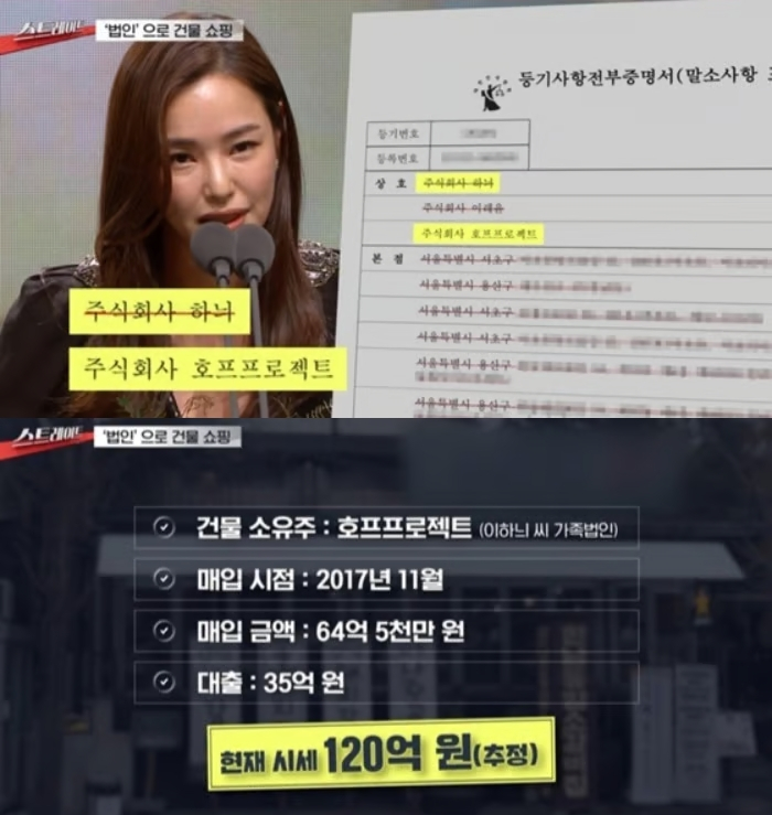 배우 이하늬의 개인 법인 '호프프로젝트'가 서울 용산구 한남동의 한 곰탕집에 분점 주소지를 두고 있는 것으로 확인됐다. /사진=MBC '스트레이트'