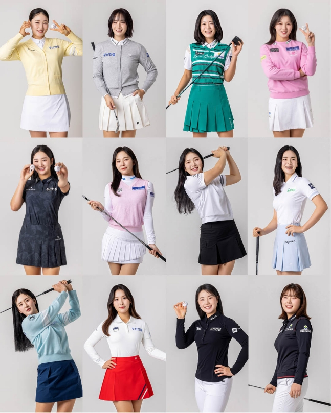KLPGA 홍보모델 12인. 첫째줄 왼쪽부터 김민솔,박결, 박민지, 박현경, 두번째 줄 왼쪽부터 박혜준, 배소현, 유현조, 이가영, 아랫줄 왼쪽부터 이세희, 이율린, 임희정, 홍정민. /사진=KLPGA 제공