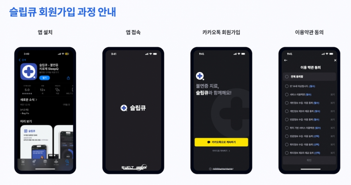 이날 웰트가 공개한 슬립큐 사용 단계. 불면증 환자는 위사에게 슬립큐를 처방받아야 슬립큐 앱을 로그인해 사용할 수 있다. /자료=웰트