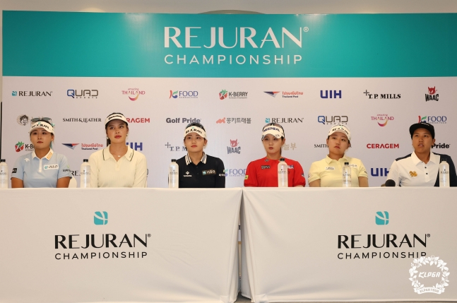 미디어데이에 나선 리슈잉(왼쪽부터), 에리카 스미스 윤, 노승희, 박현경, 조혜림, 나따끄리따 웡타위랍. /사진=KLPGA 투어 제공