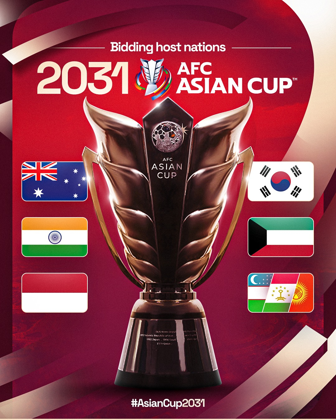 2031 AFC 아시안컵 유치를 신청한 한국과 호주·인도·인도네시아·쿠웨이트·중앙아시아 3개국(우즈베키스탄·타지키스탄·키르기스스탄). /사진=질라볼라 SNS 캡처