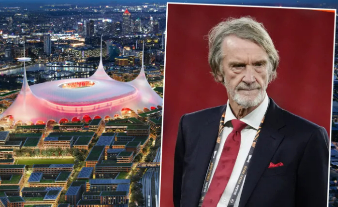 맨체스터 유나이티드 신축 구장 가상 이미지(왼쪽)와 짐 래트클리프 맨유 구단주. /사진=더 선 갈무리