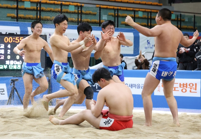 태안중학교 선수들이 결승전에서 우승을 확정한 뒤 함께 기뻐하고 있다. /사진=대한씨름협회 제공