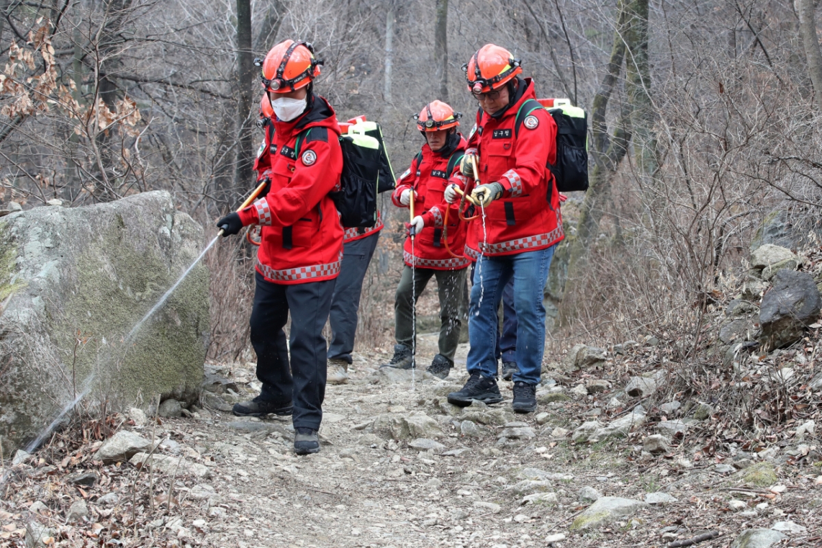 강풍을 동반한 건조한 날씨를 보인 9일 대구 남구 앞산 안지랑골에서 산불전문예방진화대원들이 등산로 주변에 물을 뿌리며 산불 예방 활동을 벌이고 있다. /사진=뉴스1