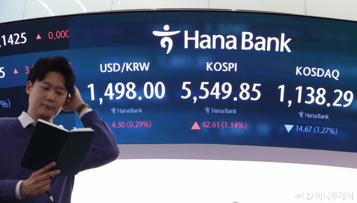 16일 오후 서울 중구 하나은행 딜링룸 전광판에 종가가 표시되어 있다./사진=뉴시스