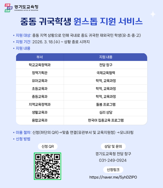 중동 귀국 학생 원스톱 지원 서비스 안내문./사진제공=경기도교육청