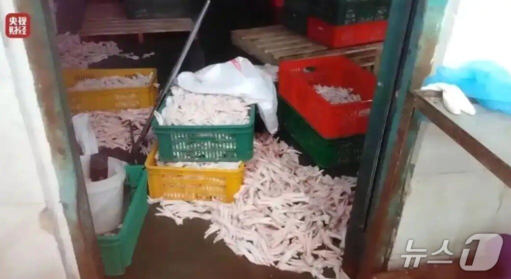 과산화수소가 사용된 닭발 가공 공장 모습./사진=중국 관영 CCTV 갈무리, 뉴스1