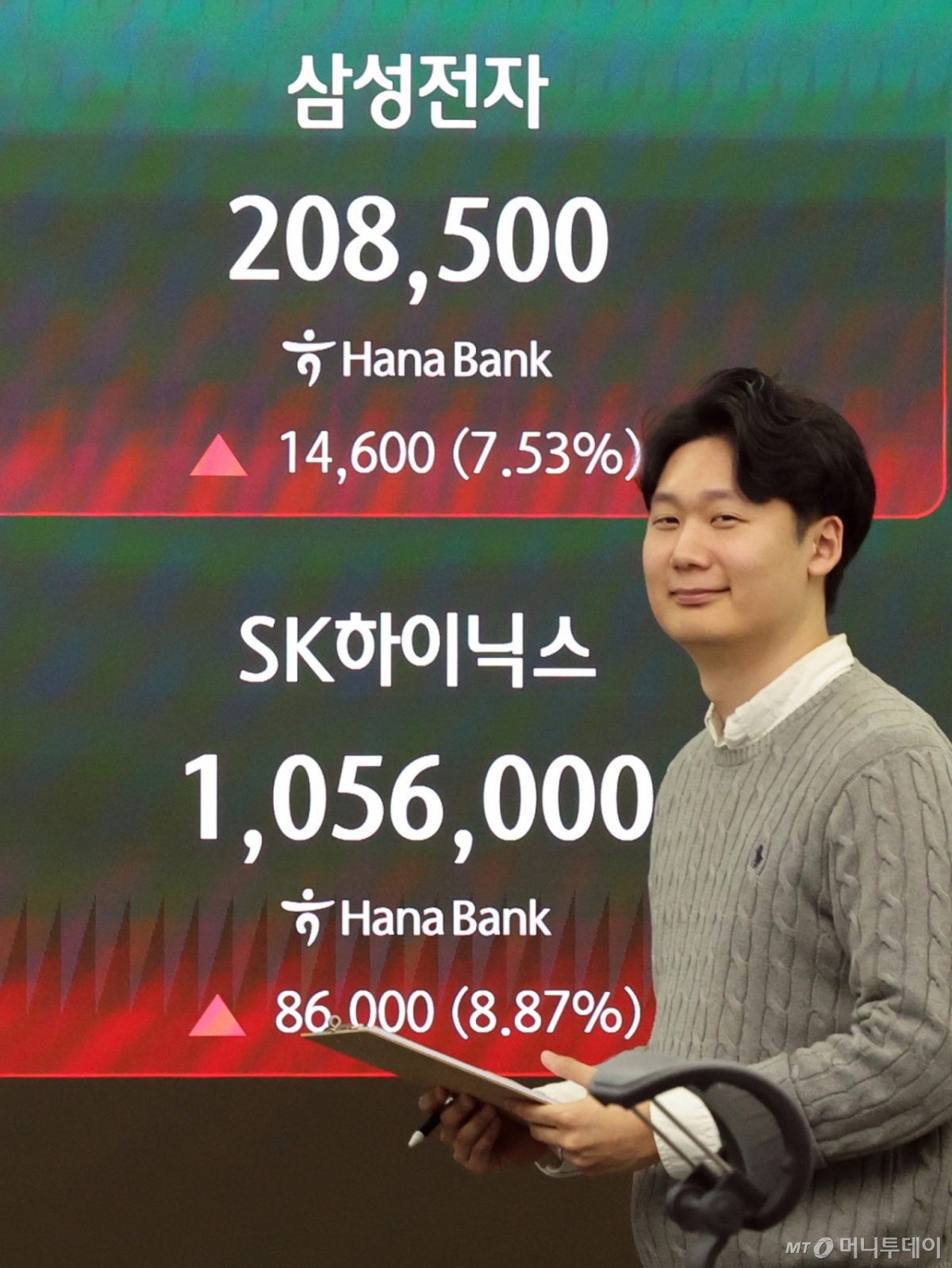 18일 오후 서울 중구 하나은행 본점 딜링룸 전광판에 종가가 표시되고 있다. 삼성전자는 전일대비 14600원(7.53%) 오른 208,500원에 SK하이닉스는 86,000원(8.87%) 오른 1,056,000원에 마감했다.  /사진=뉴스1