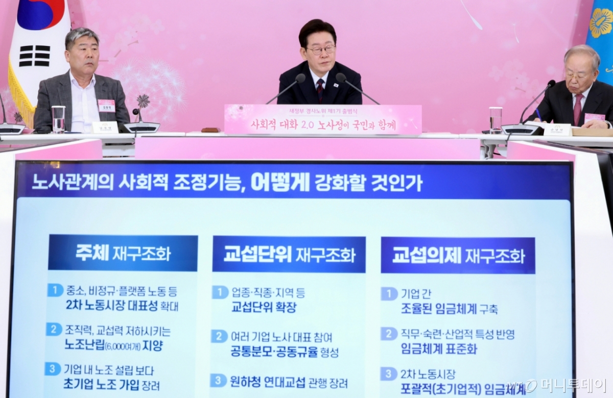 [서울=뉴시스] 최동준 기자 = 이재명 대통령이 19일 청와대에서 열린 '새 정부 경사노위 제1기 출범을 맞이하여 대통령과 함께하는 노동정책 토론회'에서 전문가 발제 자료를 살펴보고 있다. (청와대통신사진기자단) 2026.03.19. photocdj@newsis.com /사진=