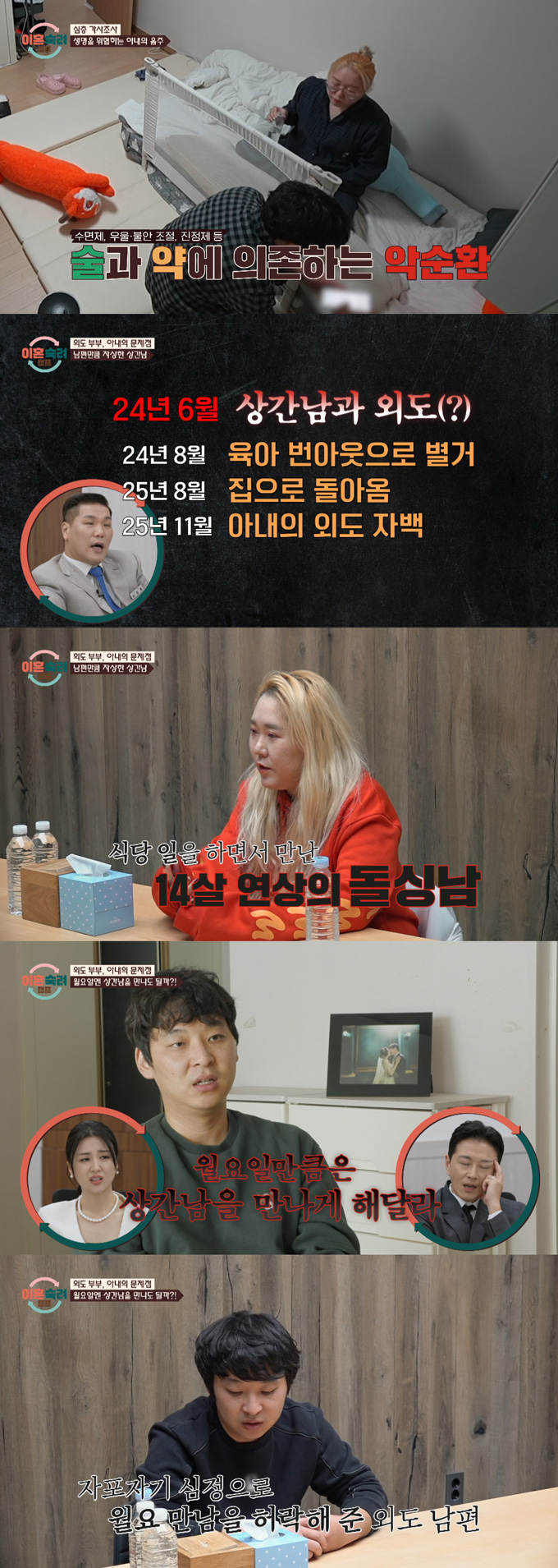 집안일과 육아는 뒤로 한 채 매일 술과 약에 의존하면서도 상간남과 매주 만나게 해달라고 요구하는 아내의 모습이 그려졌다. /사진=JTBC '이혼숙려캠프' 방송 화면