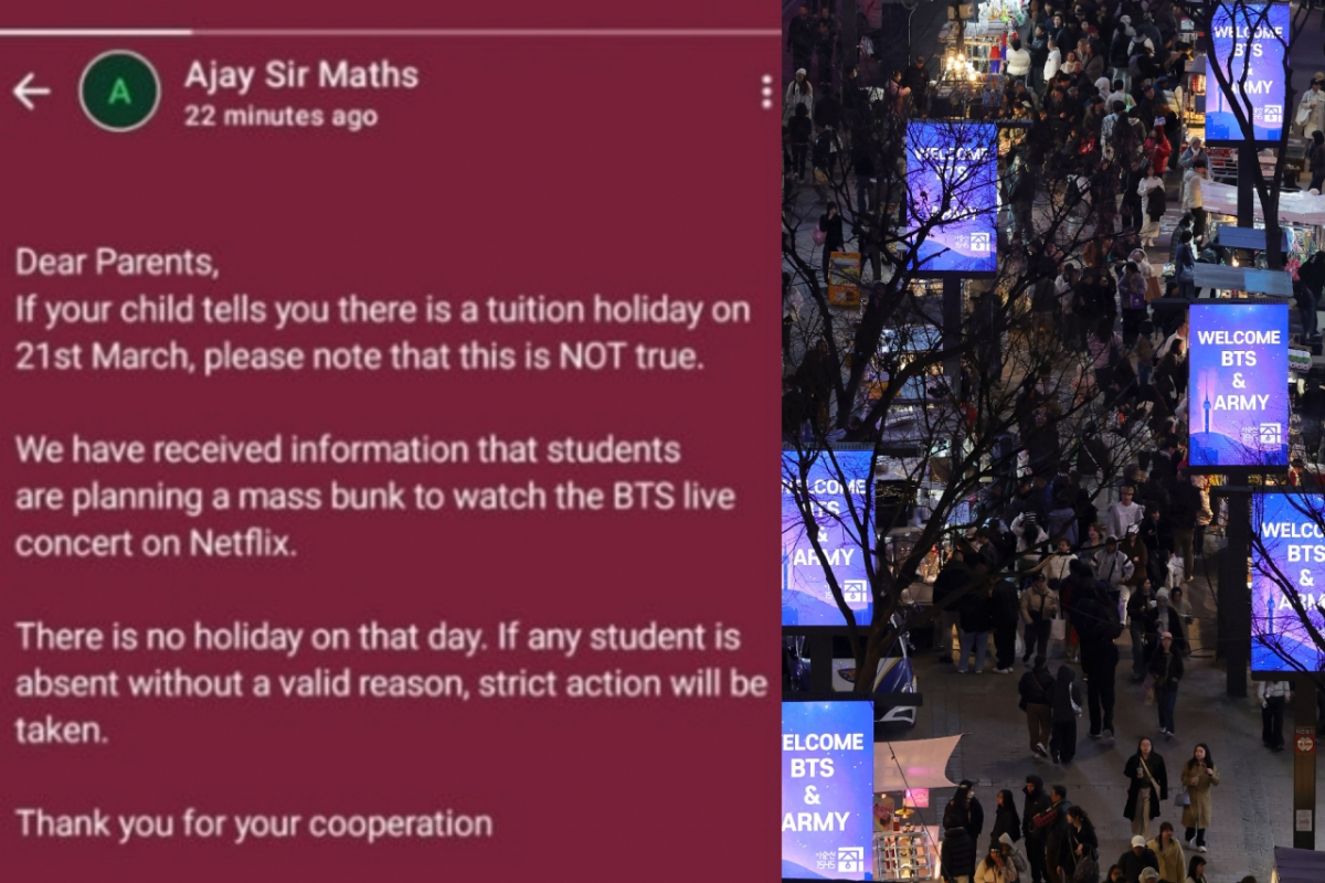 (왼쪽부터)인도 학원의 공지문, 방탄소년단(BTS)의 컴백 공연을 이틀 앞둔 19일 오후 서울 중구 명동 거리에서 BTS와 팬클럽 아미를 환영하는 메시지 영상이 미디어 폴을 통해 송출되고 있다. /사진=온라인 커뮤니티, 뉴시스
