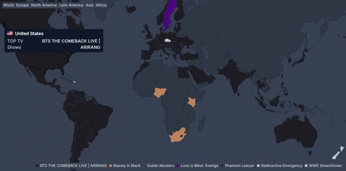 'BTS 컴백 라이브: 아리랑'은 한국과 미국, 영국을 비롯해 77개국 차트에서 정상에 올랐다. /사진=플릭스패트롤 갈무리 