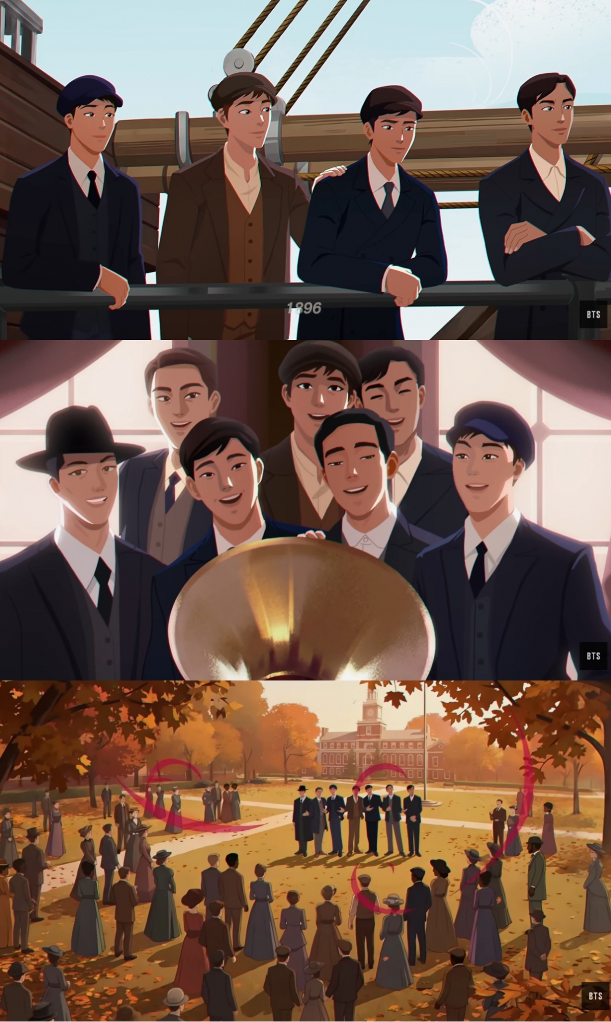 BTS의 ‘아리랑’ 앨범 트레일러의 한 장면. 하워드대 교정에서 ‘아리랑’ 공연을 지켜보는 군중 대다수가 백인으로 묘사돼 있다. /사진=방탄TV 유튜브 채널 캡처