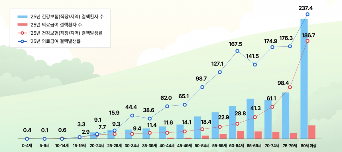 2025년도 연령대별, 의료보장 유형별(건강보험 및 의료급여) 결핵환자 수(율). /사진제공=질병관리청