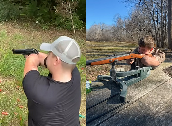 22일(현지시간) 살인 혐의로 체포된 사지절단 장애인 콘홀 선수 데이턴 제임스 웨버가 소총과 9㎜ 권총을 쏘는 모습. 웨버는 2024년 자신의 유튜브에 총을 쏘는 영상을 공개했다. /사진=데이턴 제임스 웨버 유튜브 채널  