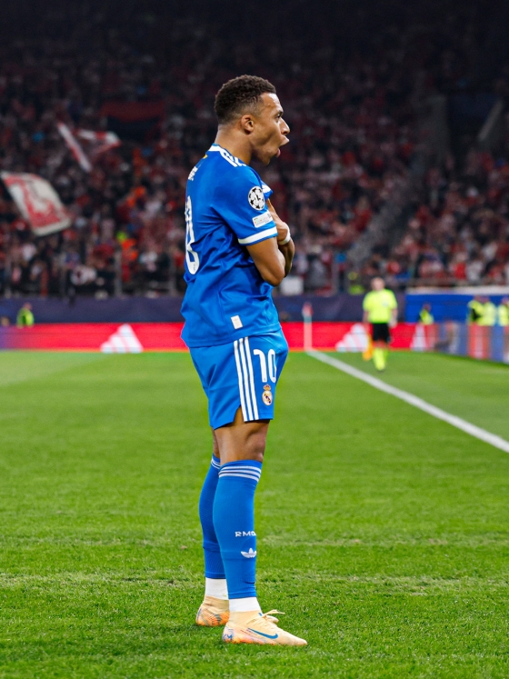 킬리안 음바페가 그리스 피레아스 카라이스카키스 스타디움에서 열린 2025~2026시즌 챔피언스리그 리그 페이즈 5라운드에서 득점 후 세리머니하고 있다. /사진=레알 마드리드 공식 사회관계망서비스(SNS)