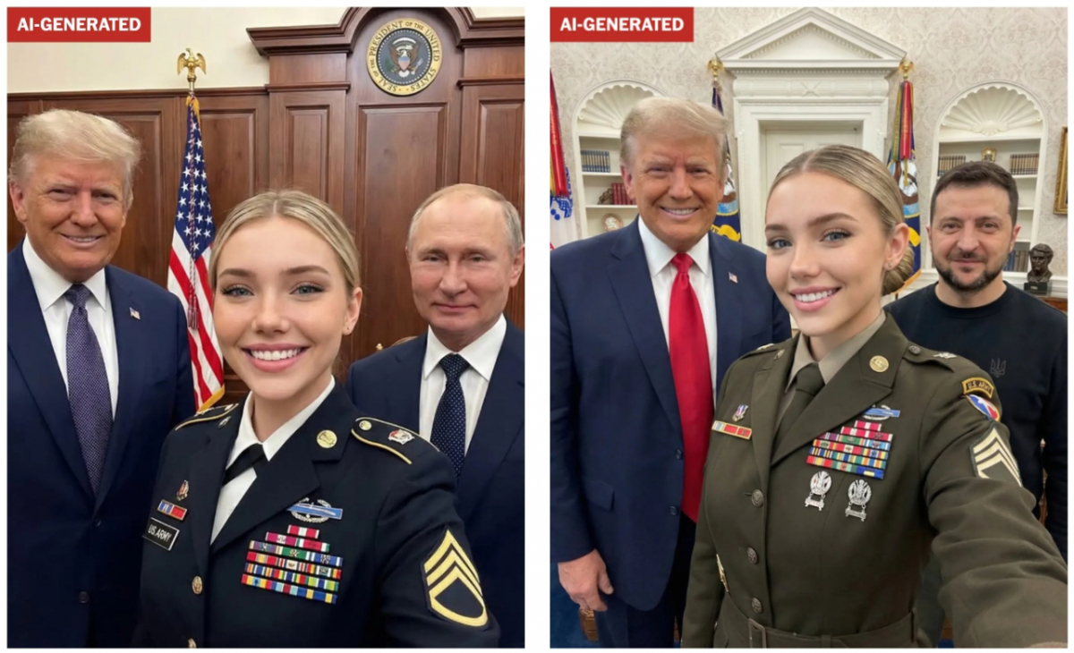 트럼프 대통령 등과 사진을 찍어 화제가 된 미 여군 제시카 포스터가 AI로 밝혀졌다. /사진=워싱턴포스트(WP) 갈무리
