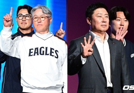 김경문(왼쪽 사진) 한화 감독과 김태형 롯데 감독이 26일 KBO리그 미디어 데이에서 올해 목표 순위를 묻자 각각 1개와 4개의 손가락을 보여주고 있다. /사진=OSEN