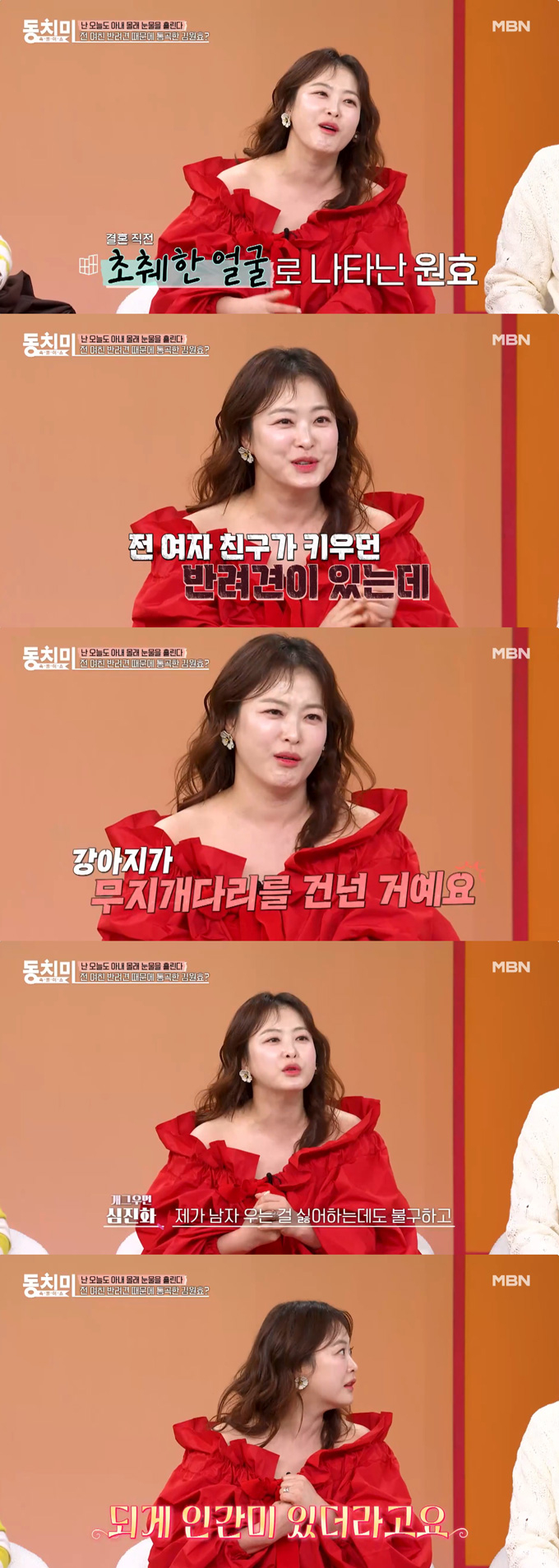 개그우먼 심진화가 결혼 직전 김원효가 전 여자친구 반려견 사망 소식에 오열했던 일을 전했다./사진=MBN '속풀이쇼 동치미' 선공개 영상