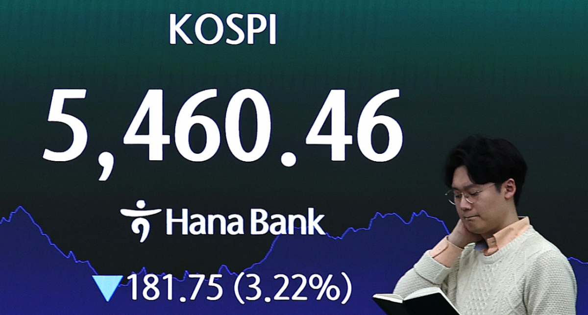 26일 오후 서울 중구 하나은행 딜링룸 전광판에 코스피 지수가 표시되고 있다. 이날 코스피는 전 거래일 대비 181.75포인트(3.22%) 내린 5460.46으로 장을 마쳤고, 코스닥도 22.91포인트(1.98%) 내린 1136.64로 장을 마감했다. 원달러환율은 1500원을 돌파했다. /사진=뉴스1