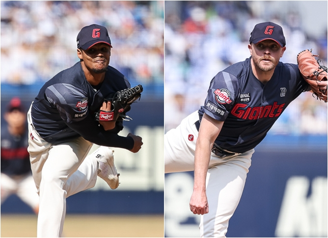 로드리게스(왼쪽)와 비슬리. /사진=롯데 자이언츠