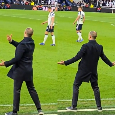 미키 판 더 펜에게 전술 지시하는 이고르 투도르 감독(왼쪽). 끝내 판 더 펜이 전술을 이행하지 않자 답답한 듯 허리를 뒤로 젖히는 투도르 감독. /사진=기브미스포츠 갈무리