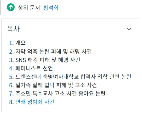 나무위키 황석희 관련 '논란 및 사건 사고' 하위 문서 목록 /사진=나무위키 캡처