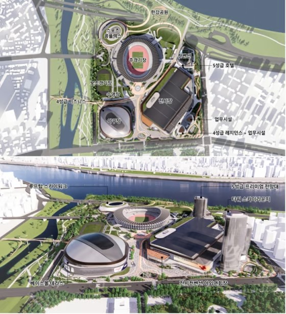 잠실 스포츠·MICE 복합공간 조성사업(안) 단지배치도(위) 및 조감도. /사진=서울시