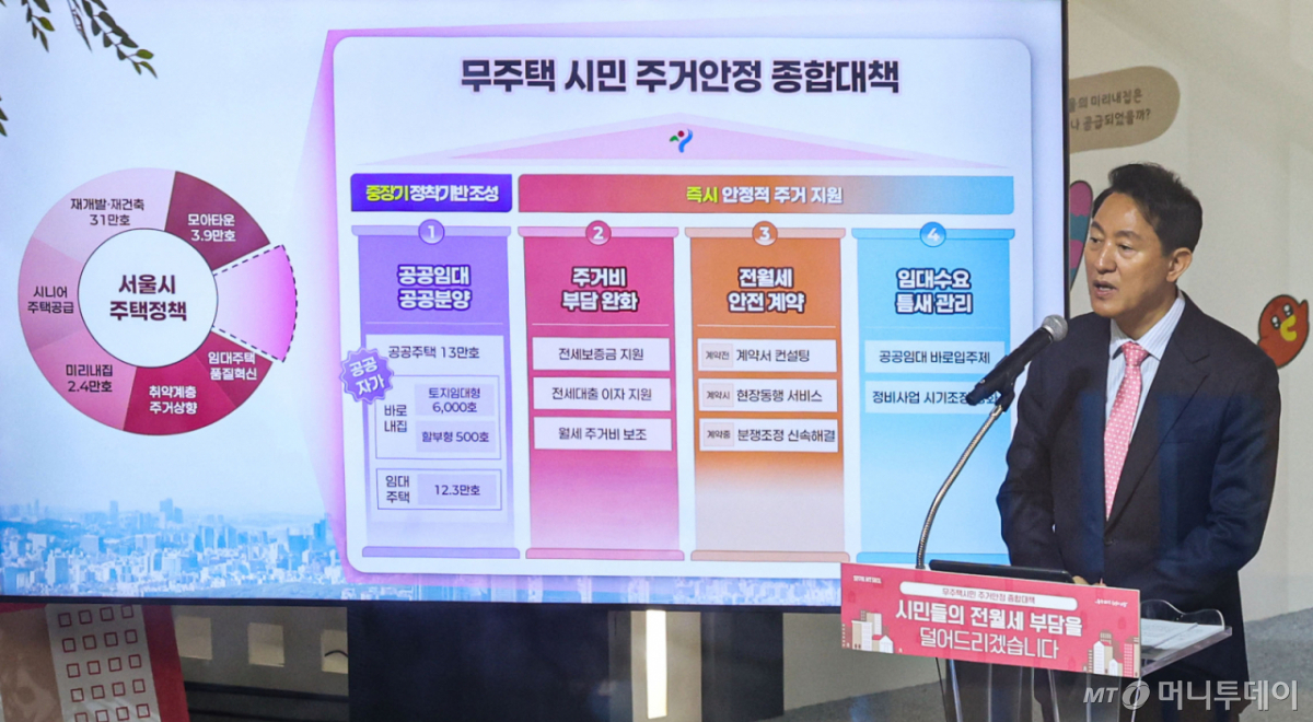 [서울=뉴시스] 권창회 기자 = 오세훈 서울시장이 31일 서울 중구 서울도시건축전시관에서 전월세시장 불안에 대응한 무주택 시민 주거안정 종합대책을 발표하고 있다. 2026.03.31. kch0523@newsis.com /사진=권창회