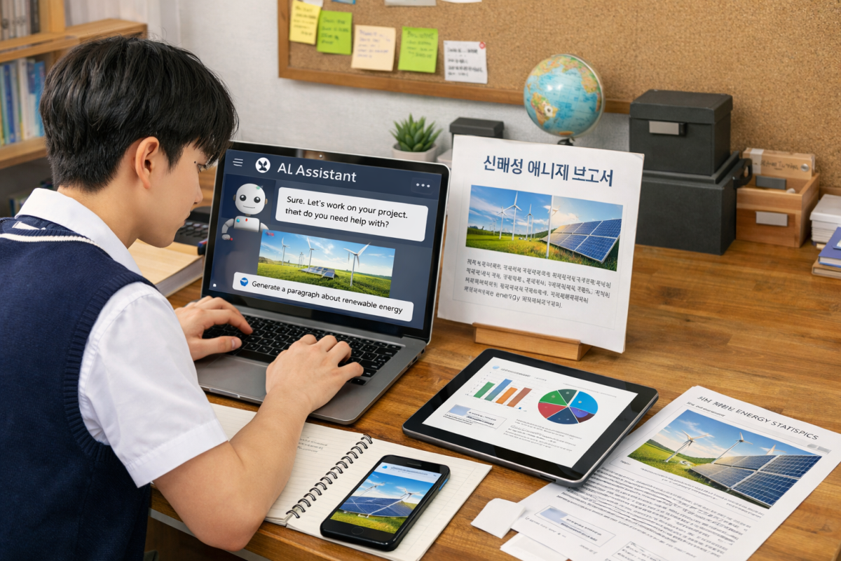 ▲학생이 수행평가에 AI를 활용하는 모습(ChatGPT생성 이미지)