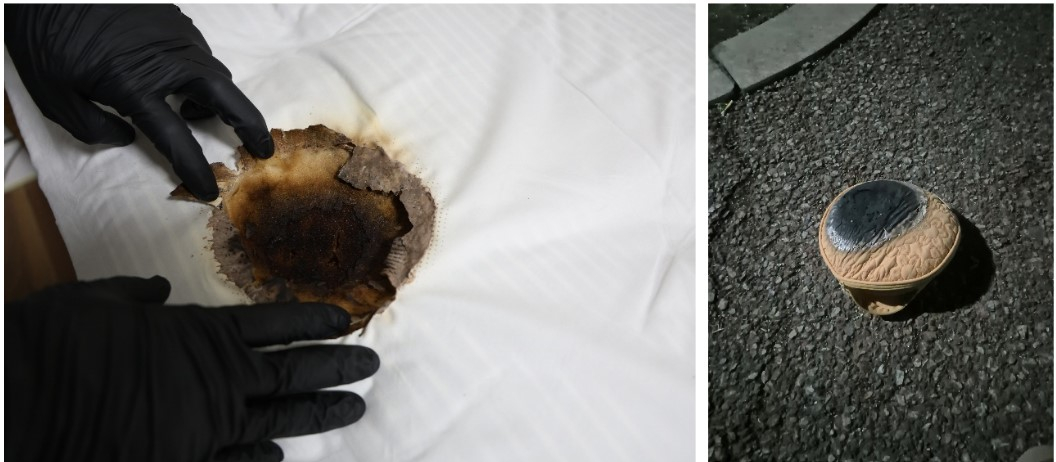 경기도 오산의 한 가정에서 발생한 실내 화재에서 불에 그을린 매트리스(왼쪽)와 화재의 원인이 된 충전용 핫팩(오른쪽)/사진= 시몬스침대