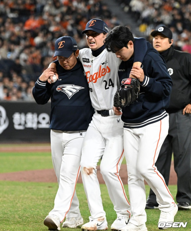 한화 화이트가 31일 KT전 3회초 부축을 받으며 더그아웃으로 들어가고 있다. /사진=OSEN