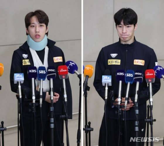 네덜란드 로테르담에서 열린 2024 국제빙상경기연맹(ISU) 세계 쇼트트랙 선수권대회를 마친 박지원(왼쪽 사진)과 황대헌이 지난 2024년 3월 인천공항 2터미널을 통해 귀국하며 취재진과 인터뷰를 하고 있다. 박지원은 이틀 연속 황대헌의 반칙으로 메달권 진입에 실패했다. /사진=뉴시스