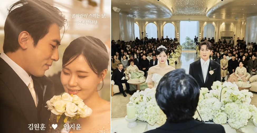 개그맨 김원훈 엄지윤의 가짜 결혼 이벤트 청첩장 이미지(왼쪽), 결혼식 현장 (오른쪽) /사진=김원훈 인스타그램