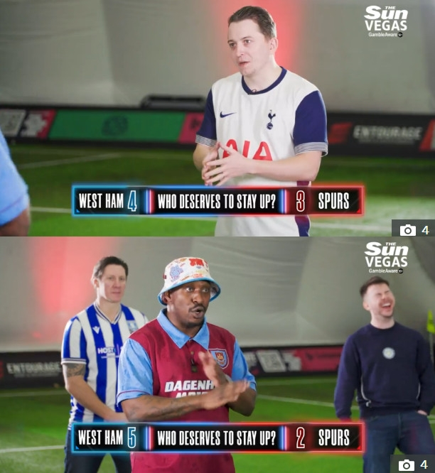 토트넘 팬(위)과 웨스트햄 팬(아래)이 설전을 벌이는 모습. /사진=더선 갈무리